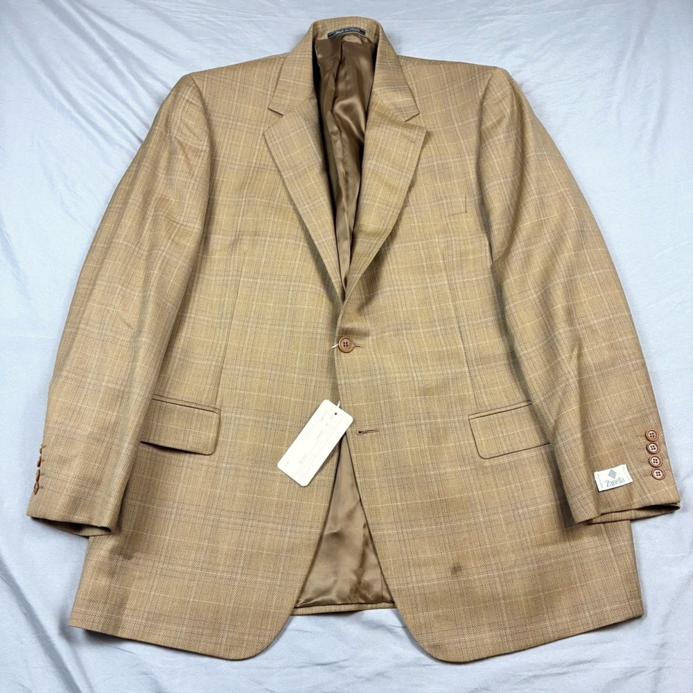 Zanella Sport Coat 44R Tan Wool Herringbone Windowpane Blazer Made in Italy